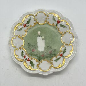 Vintage Hand Painted Bavaria Germany Christmas Trinket Dish 4.5” Candle Holder